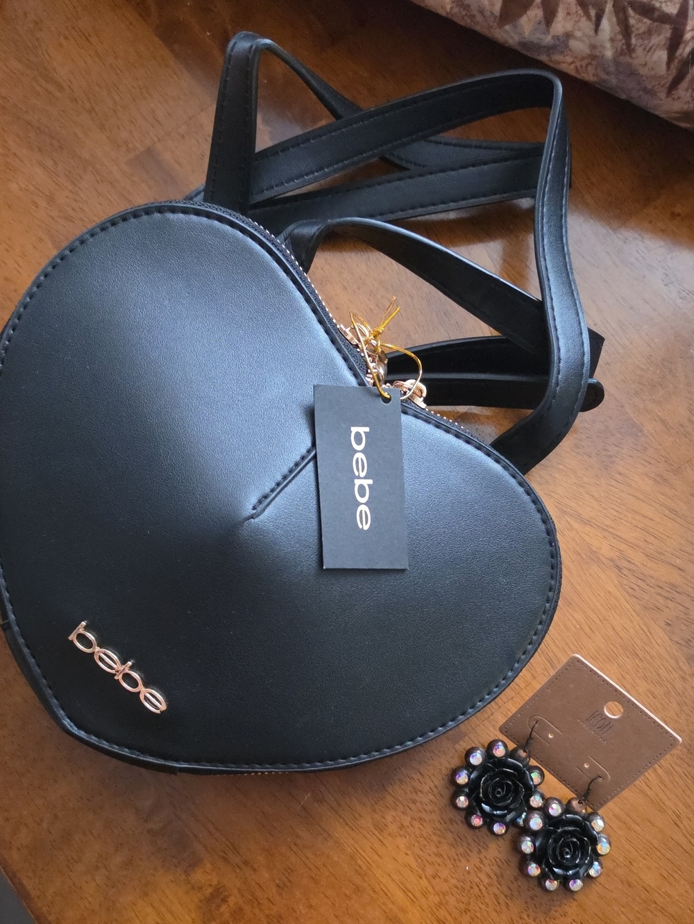 New bebe Black Heart-Shaped Crossbody Bag with Gold Logo